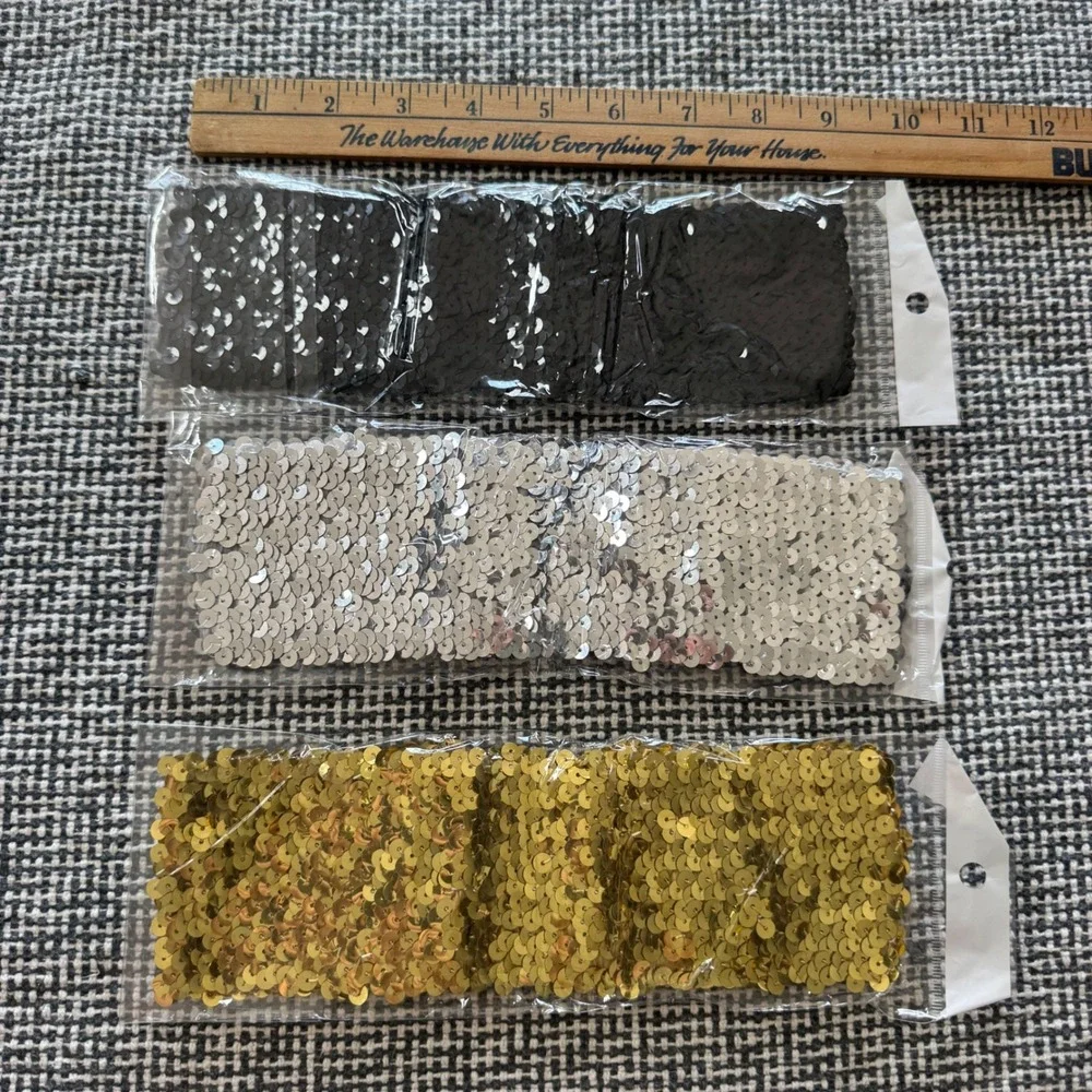 3 Pcs Sequin Glitter Dressy Belt Set Black Silver Gold Wide Elastic Cinch